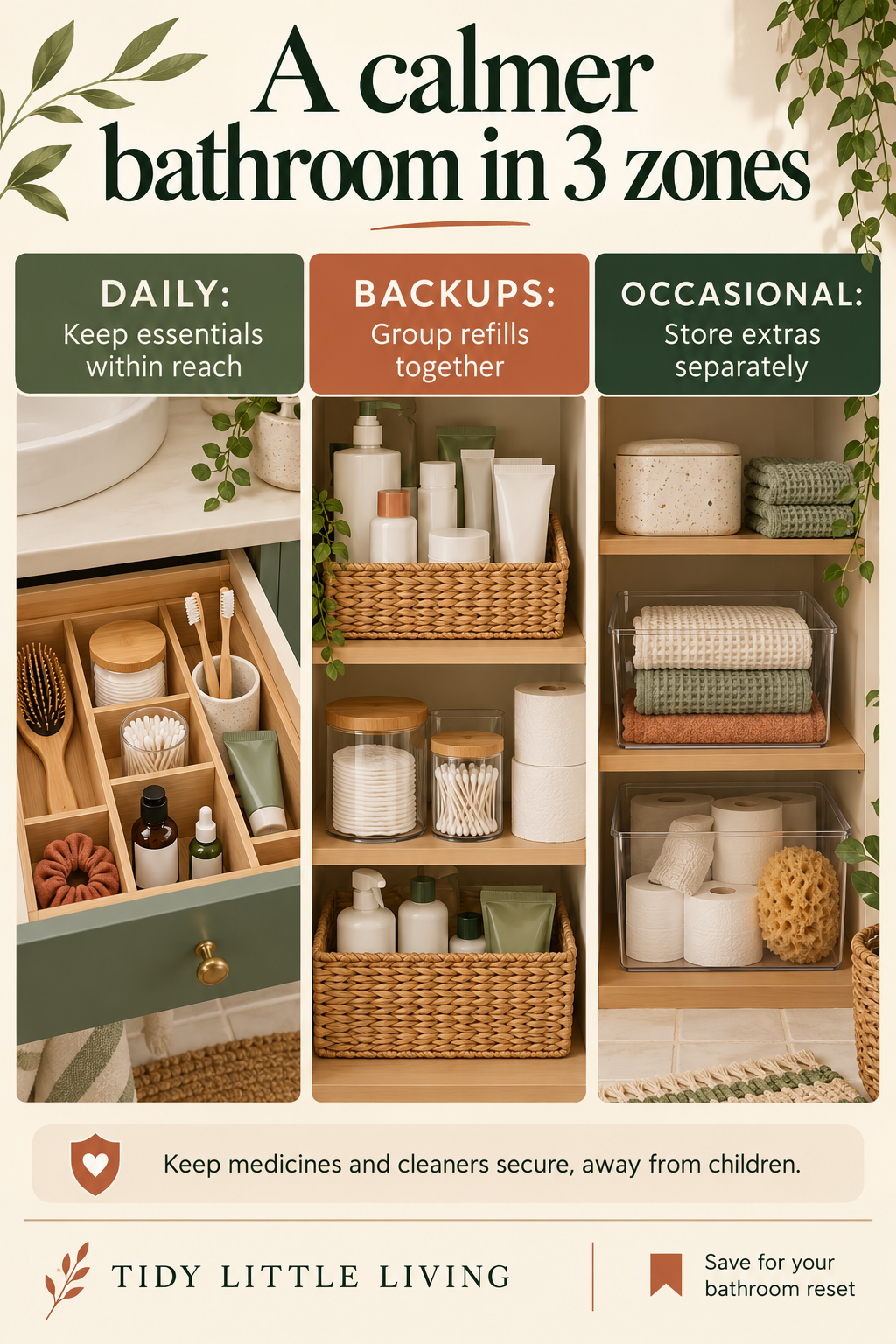 Illustrated checklist for A calmer bathroom in three zones.