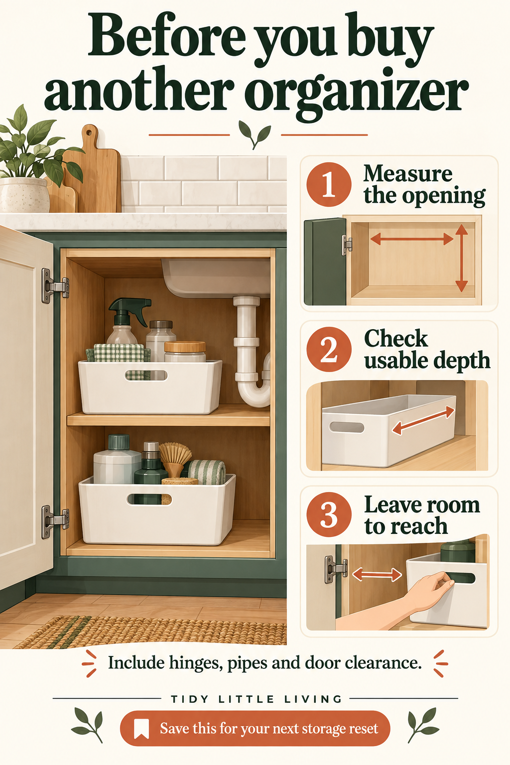 Illustrated cabinet measurement guide: check the opening, usable depth and room to reach