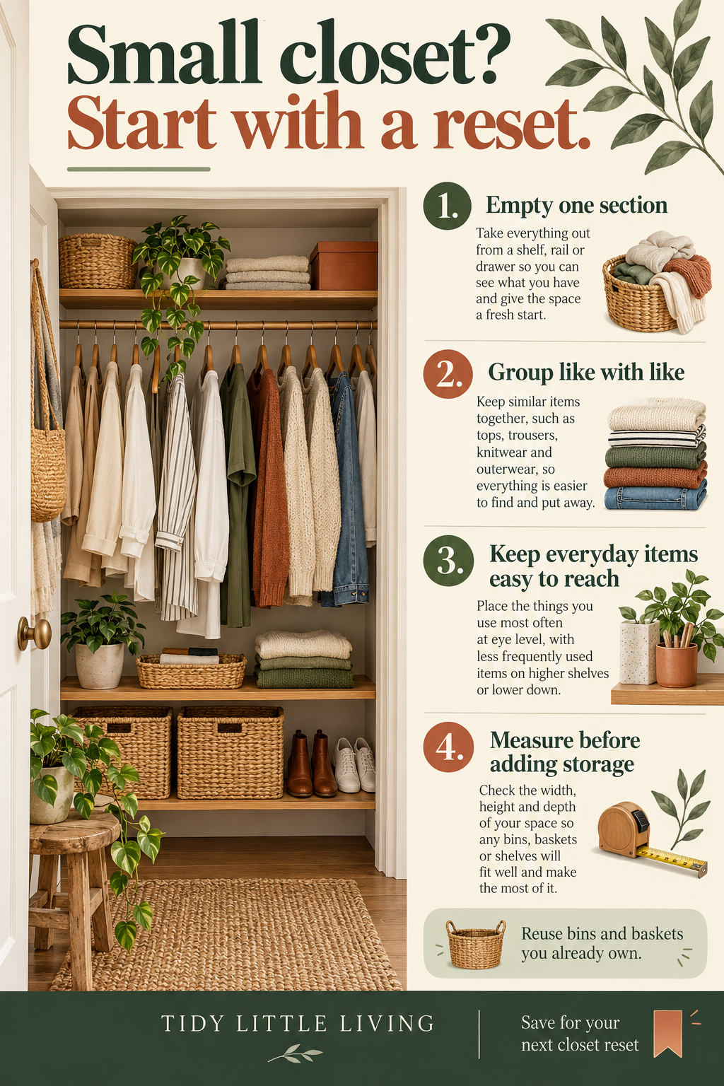 Illustrated checklist for Reset a small closet, one section at a time.